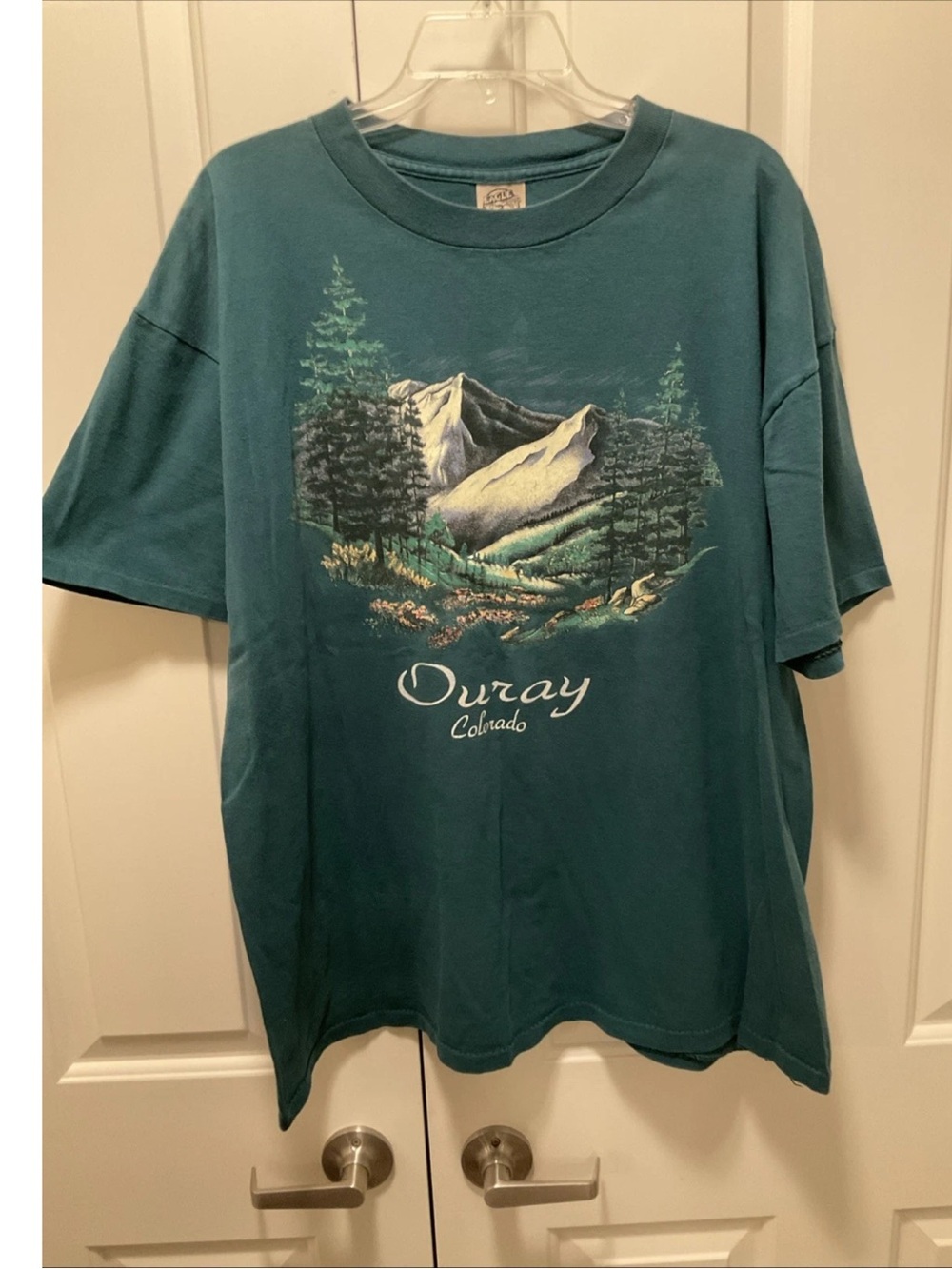 Vintage Eagle Brand USA “Ouray Colorado” Mountain Scene Green Cotton T-Shirt XL